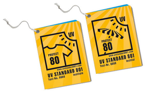 hangtags with UPF protection level and shirt or sunshade icons