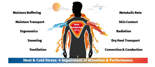 Illustration of heat and moisture transport from body, through clothing, to environment