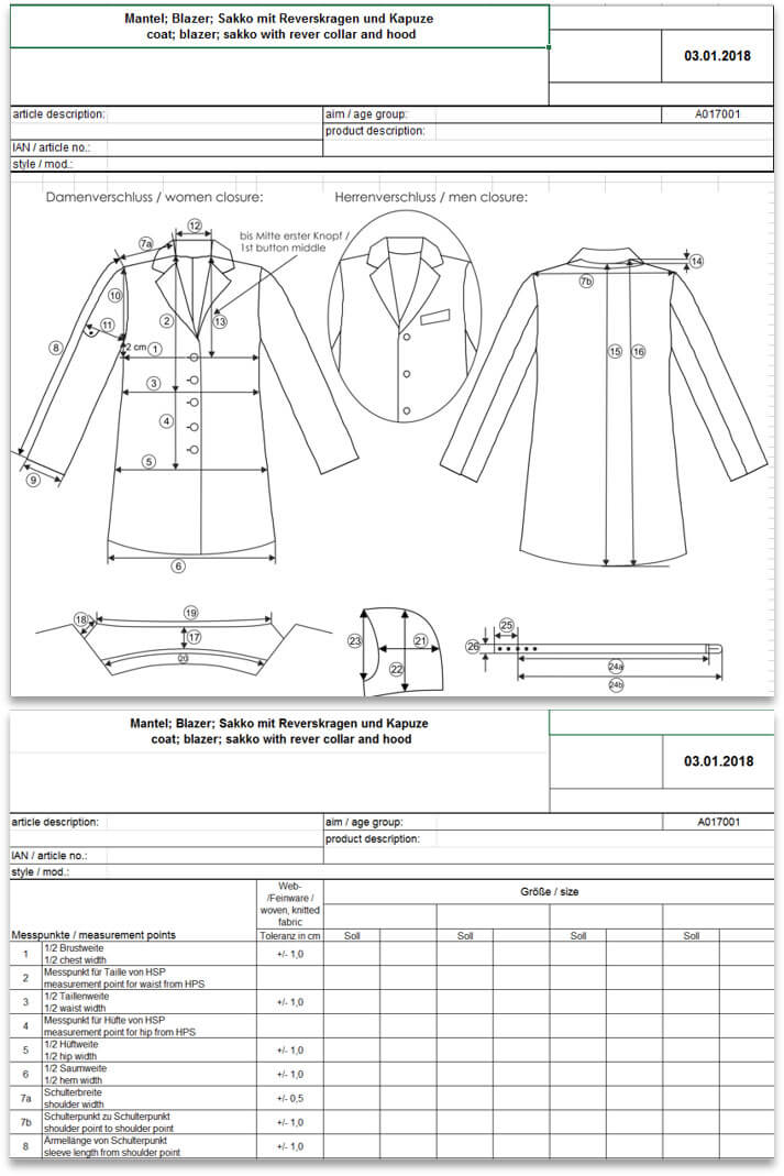 Technical drawing of blazer with detailed construction and measurement table